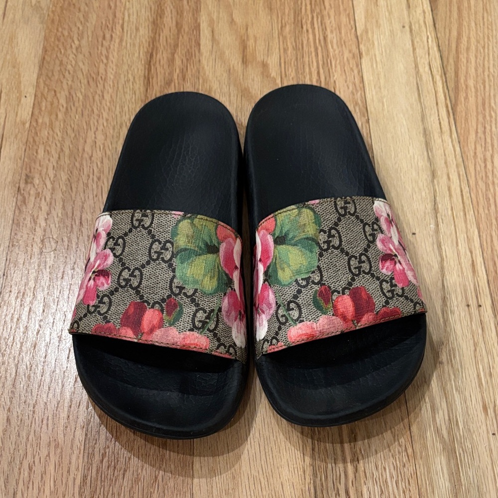 Gucci Black Slides with Pink and Green Floral Strap